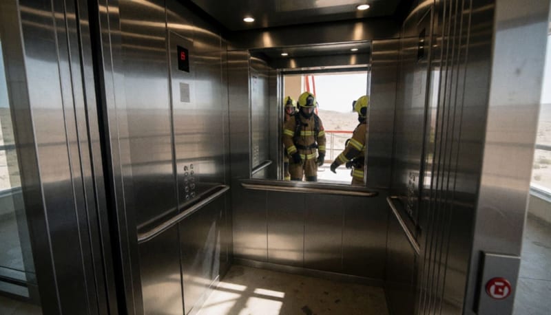Interior de un elevador con puertas abiertas y bomberos llevando a cabo tareas de rescate