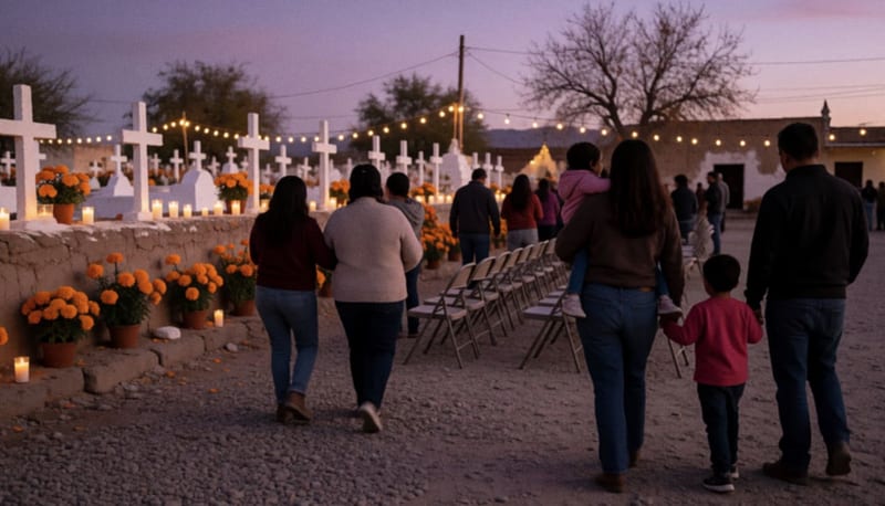 Familias caminan al atardecer junto a un panteón con flores de cempasúchil, velas y sillas plegables bajo luces tenues