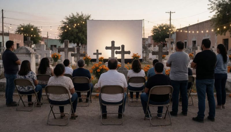 Espectadores sentados de espaldas frente a una pantalla blanca al aire libre entre tumbas y flores de cempasúchil al anochecer