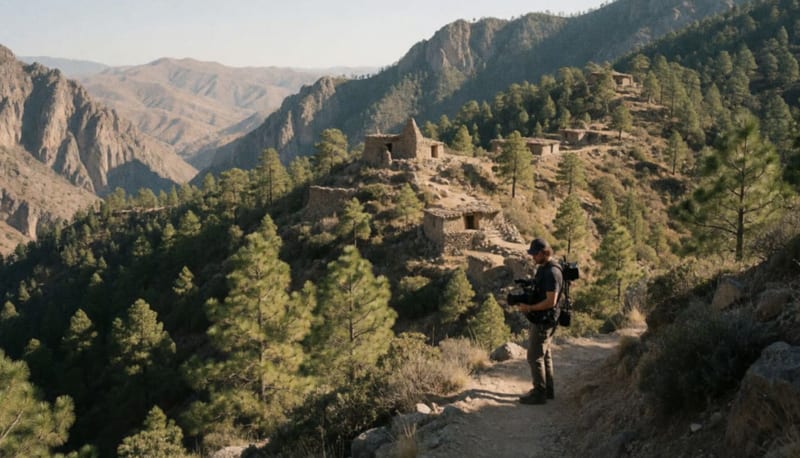 Cineasta con equipo de filmación en un sendero de la sierra tarahumara entre bosques de pino y cañones montañosos
