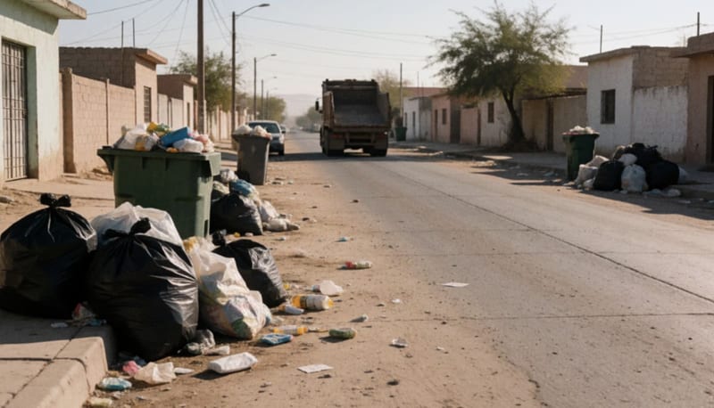 Bolsas de basura acumuladas en la banqueta de una calle residencial polvorienta bajo el sol de la tarde