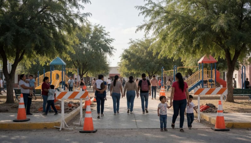 Familias disfrutando de las áreas habilitadas del parque con señalamientos de seguridad en zonas de obra