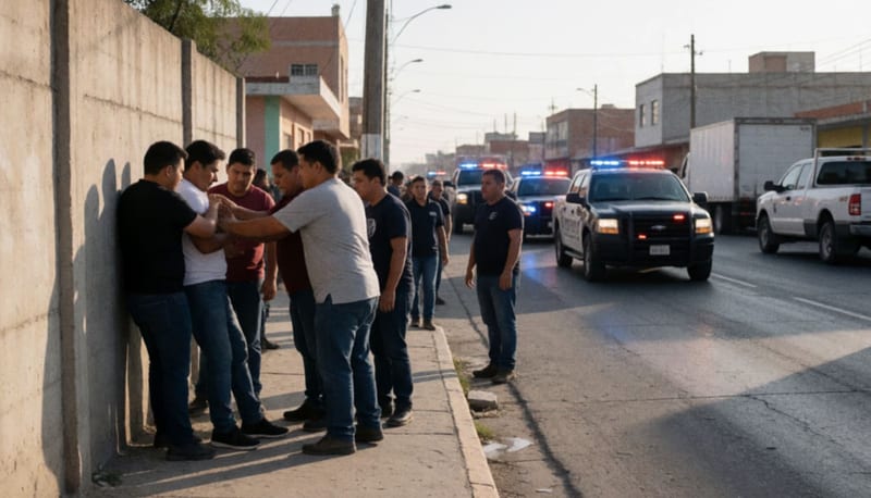 Ciudadanos retienen a un hombre contra una barda mientras espera la llegada de la policía en una calle de Delicias