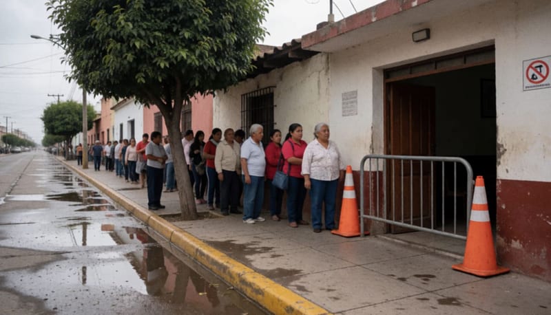 Personas esperando en una banqueta mojada por la lluvia junto a una entrada bloqueada con conos naranjas y vallas metálicas