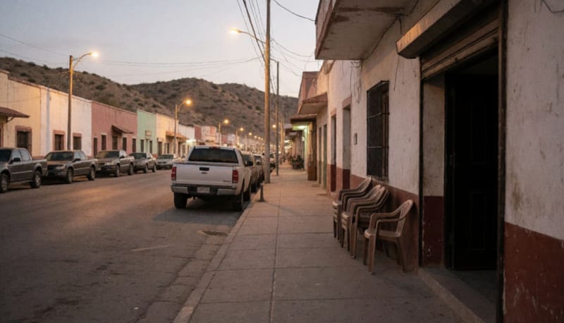 Calle comercial al anochecer con camionetas estacionadas y sillas de plástico apiladas frente a un local cerrado