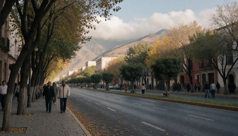Peatones con chamarras ligeras caminan por una avenida arbolada con hojas secas y cerros al fondo en una tarde de otoño