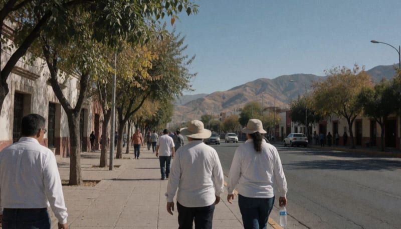 Peatones de espaldas con ropa clara y sombreros caminan por una banqueta soleada con montañas secas al fondo