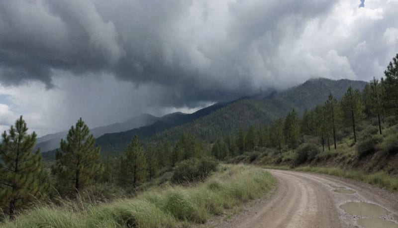 Nubes de tormenta sobre montañas con pinos y un camino de terracería con charcos en primer plano