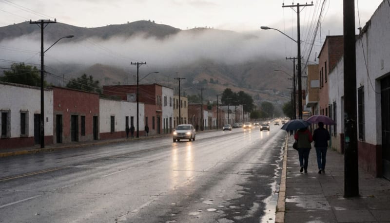 Avenida con pavimento mojado al amanecer y neblina baja sobre los cerros al fondo, con personas caminando de espaldas