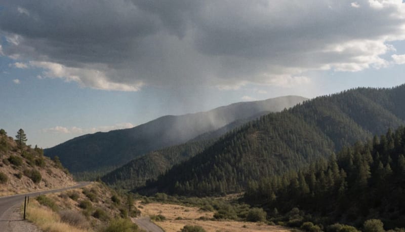 Nubes de lluvia sobre cerros boscosos de la sierra mientras un valle seco con carretera permanece bajo cielo parcialmente nublado
