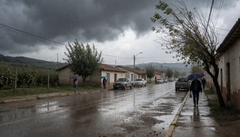 Calle mojada de un pueblo serrano bajo nubes de tormenta, con peatones con paraguas y árboles movidos por el viento
