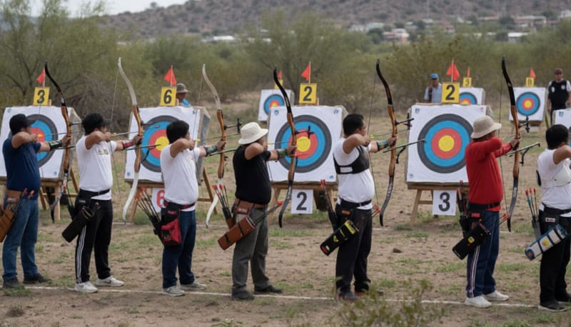Arqueros en posición de tiro durante una competencia de arquería 3D en un campo abierto del norte de México