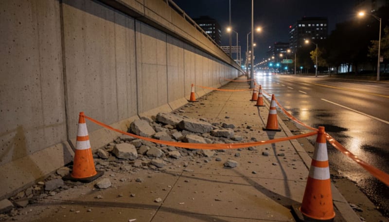 Muro de contención derrumbado sobre la banqueta de un puente vehicular, con escombro de concreto y cinta de acordonamiento