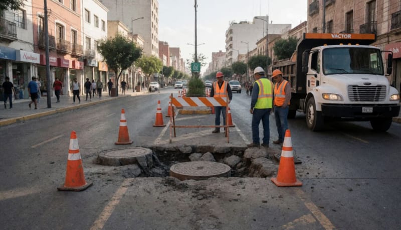 Zona de trabajos en bulevar con equipo Vactor y barreras naranjas delimitando el área dañada