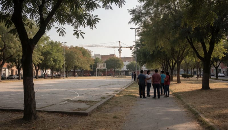 Vecinos vistos de espaldas conversan en un parque arbolado con una cancha desgastada y una grúa de construcción a lo lejos