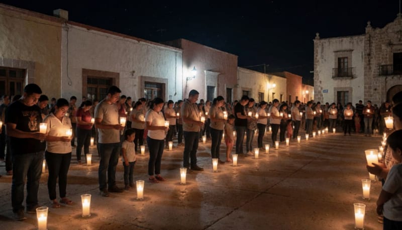 Decenas de personas con velas encendidas durante una vigilia nocturna en una plaza pública del norte de México