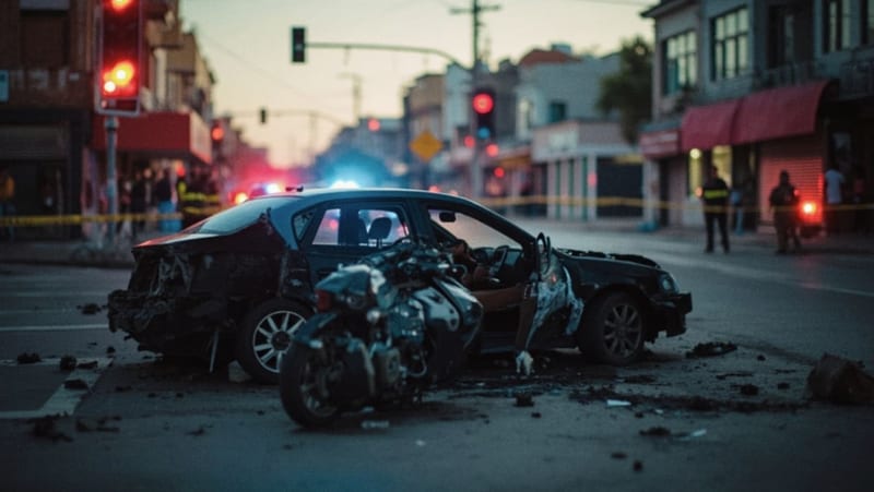 Intersección urbana con automóvil y motocicleta dañados tras colisión, luces de emergencia iluminando la escena
