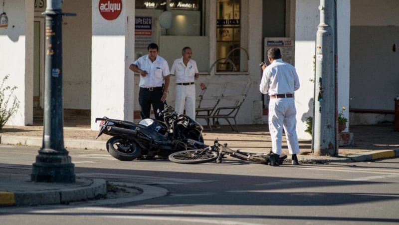 Motocicleta y bicicleta dañadas en el lugar de la colisión sobre la avenida Eugenio Zapata