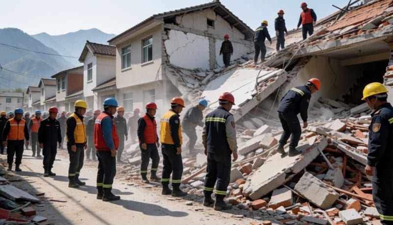 Equipos de rescate trabajando entre escombros y estructuras colapsadas durante labores de emergencia