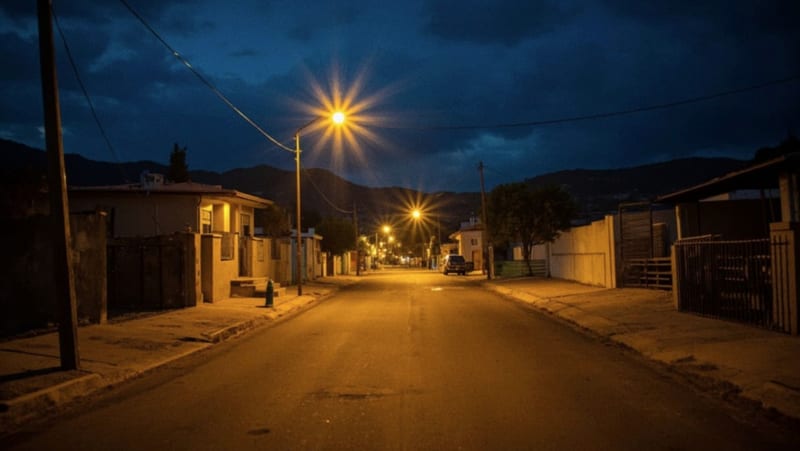 Calle residencial iluminada al atardecer con postes de luz recientemente instalados en una colonia de Camargo