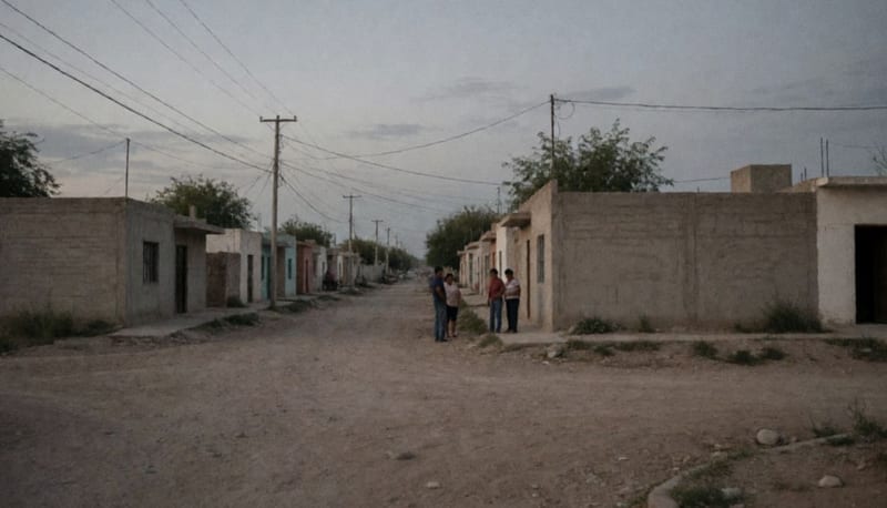 Casas oscuras sin luz en una calle de tierra de la zona residencial, líneas de electricidad suspendidas en el cielo gris