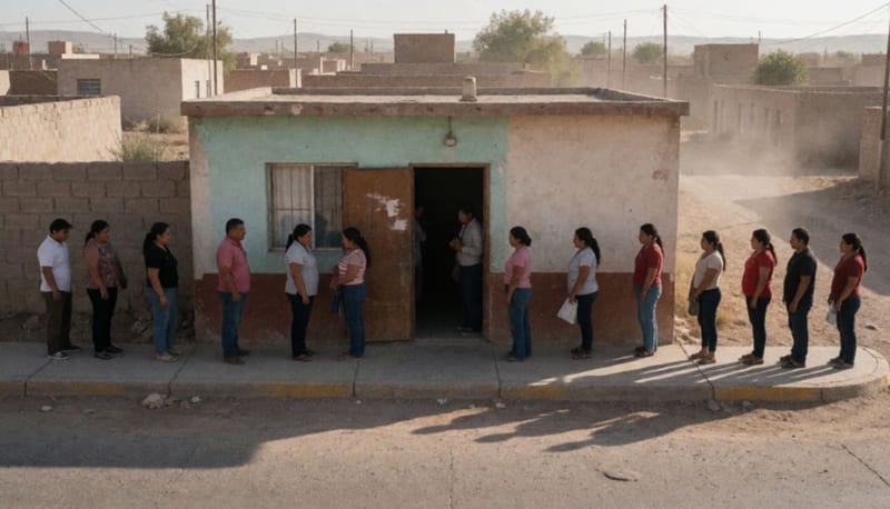 Personas formadas en fila frente a la entrada de un comedor comunitario en una calle del municipio de Camargo