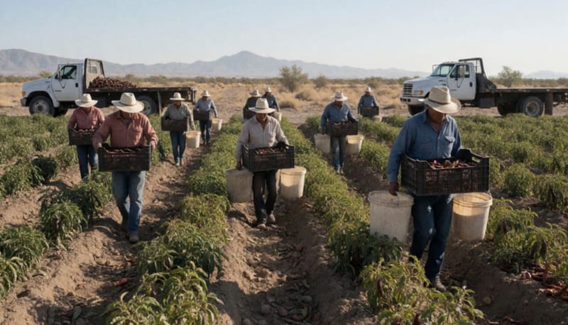 Trabajadores cosechando chile en parcelas afectadas por plagas en zona agrícola del norte