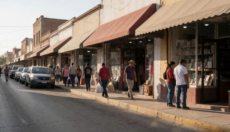 Personas caminando y comprando en las tiendas del centro de una ciudad norteña mexicana al atardecer