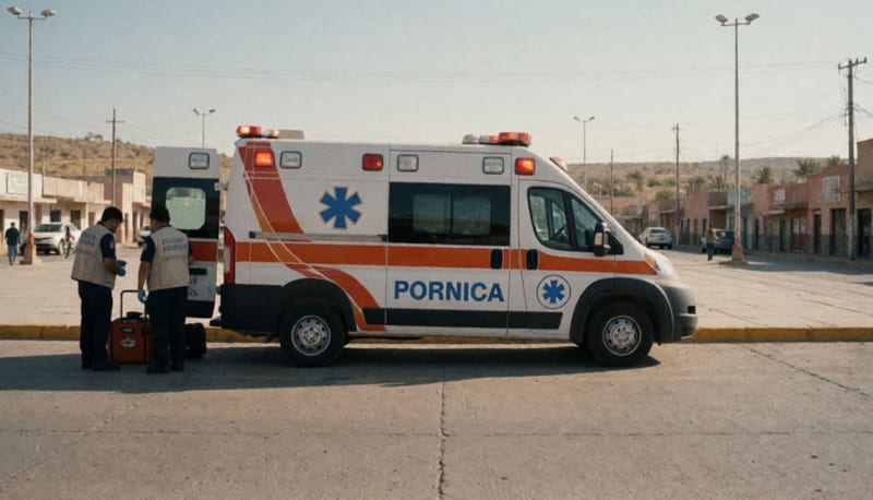 Ambulancia estacionada en una plaza con voluntarios junto al vehículo en un pueblo del norte de México