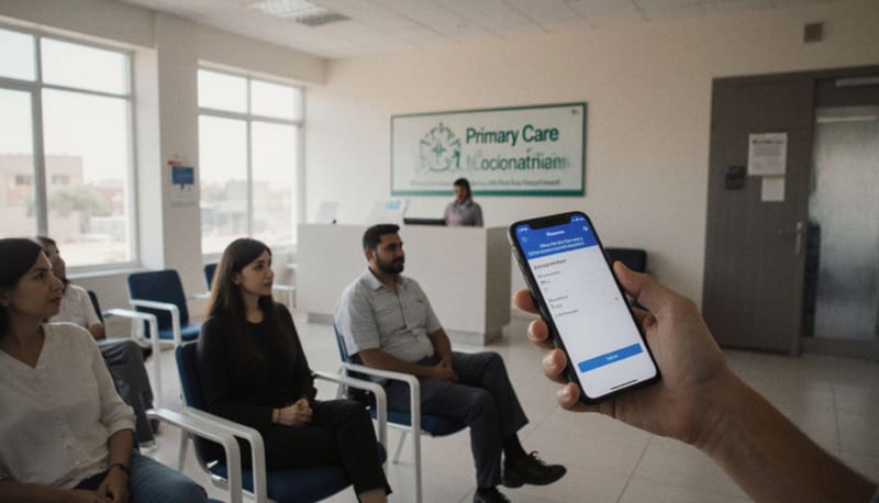 Sala de espera de una clínica de medicina familiar con pacientes esperando consulta y sosteniendo dispositivos móviles