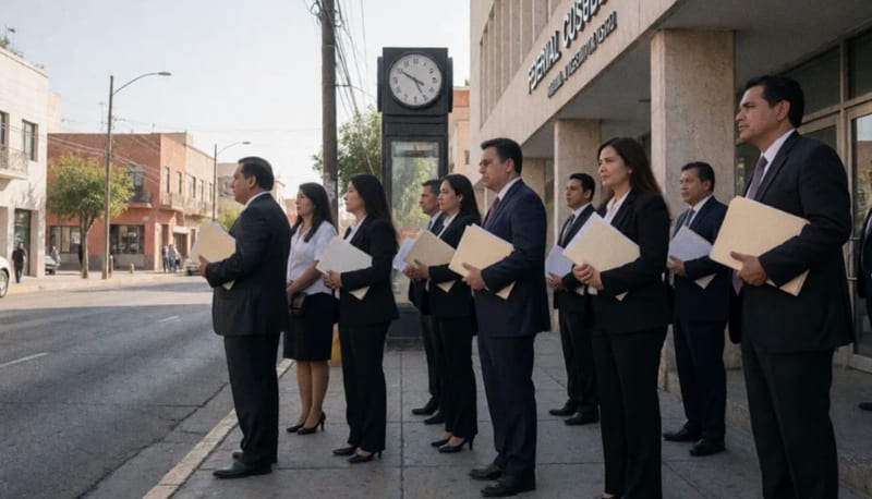 Abogados y profesionales jurídicos reunidos sobre la banqueta de una ciudad del sur de Chihuahua durante una concentración matutina