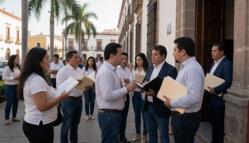 Abogados y ciudadanos reunidos en la plaza de una ciudad del sur de Chihuahua debatiendo sobre acciones legales