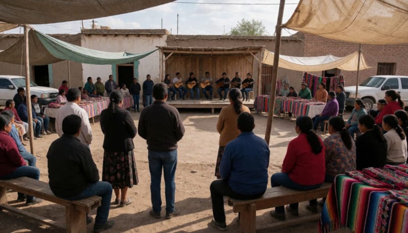 Comunidad reunida alrededor de músicos tocando instrumentos acústicos bajo toldos en una plaza de pueblo