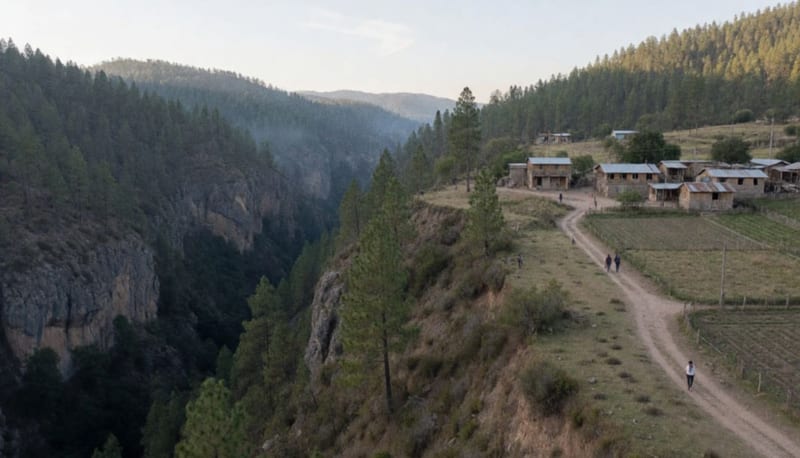 Vista aérea de un profundo cañón de la sierra con una pequeña comunidad de casas de madera sobre la meseta al amanecer