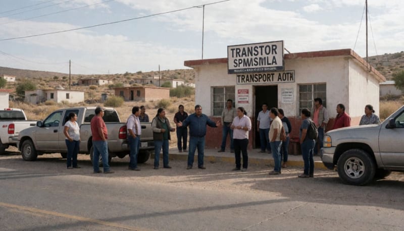 Habitantes de comunidades rurales reunidos frente a las oficinas de transporte en Camargo reclamando el servicio suspendido