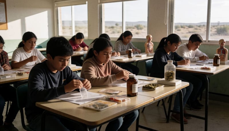 Estudiantes en un aula de formación técnica revisando materiales de enfermería y plantas medicinales