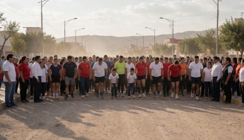 Cientos de participantes alineados al inicio de una carrera pedestre en una avenida abierta con cerros al fondo