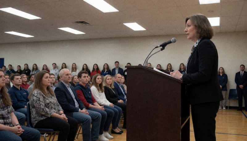 Directora presentando informe ante padres de familia y estudiantes en el auditorio del plantel educativo