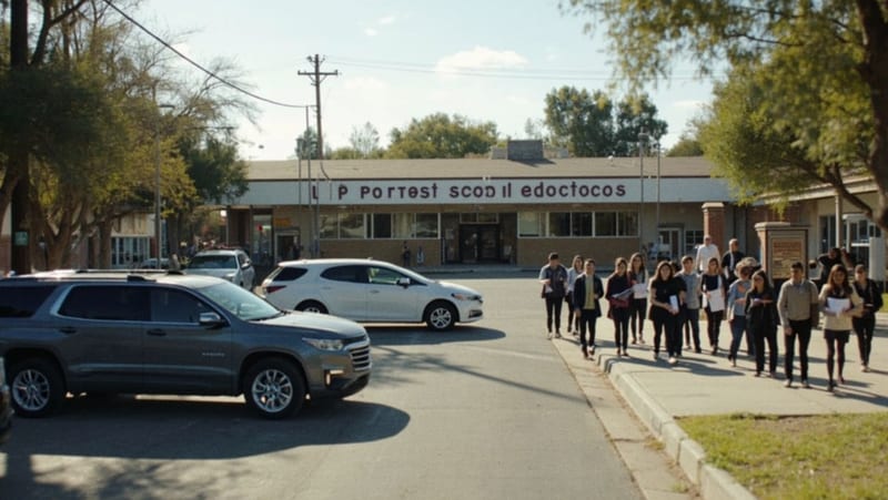 Vehículos estacionados en el patio de un plantel educativo con estudiantes y personal de la institución de fondo