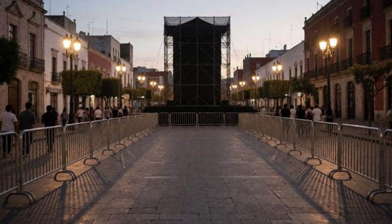 Plaza amplia al atardecer con vallas metálicas y la estructura de un escenario al fondo antes de un concierto