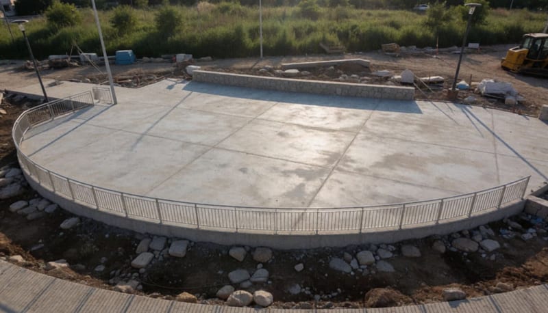 Plaza pública rehabilitada con explanada de concreto nuevo y barandales de acero en los perímetros del parque