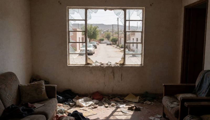 Interior de una vivienda con ventana forzada y objetos dispersos después de un robo