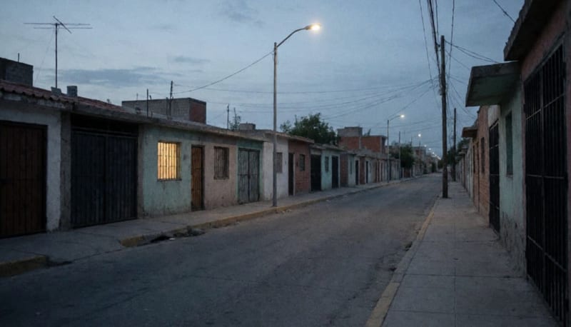 Calle residencial vacía al anochecer con casas bajas, portones cerrados y una ventana iluminada, vista a nivel de calle