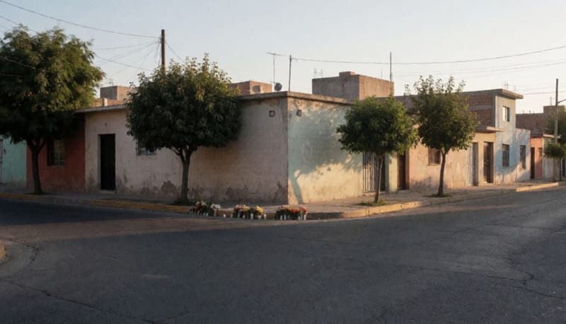 Esquina de una calle residencial vacía al atardecer con veladoras y flores sobre la banqueta frente a casas bajas