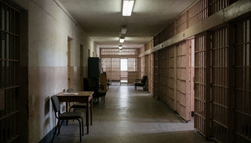 Pasillo de un penal con celdas de metal y paredes de concreto bajo iluminación artificial