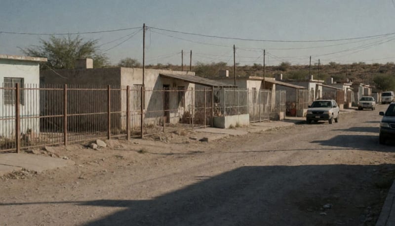 Calle residencial del municipio de Ojinaga al atardecer con casas modestas y terreno árido