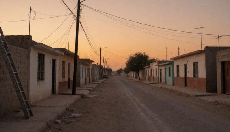 Calle residencial de casas bajas al atardecer con cables colgando de un poste de madera y una escalera recargada en un muro