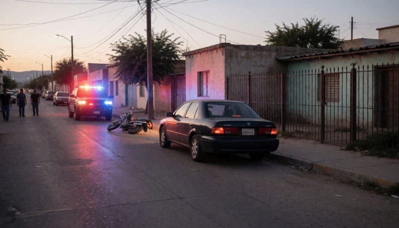 Automóvil detenido contra la reja de una casa y una motocicleta caída en la calle, bajo luces rojas y azules al anochecer