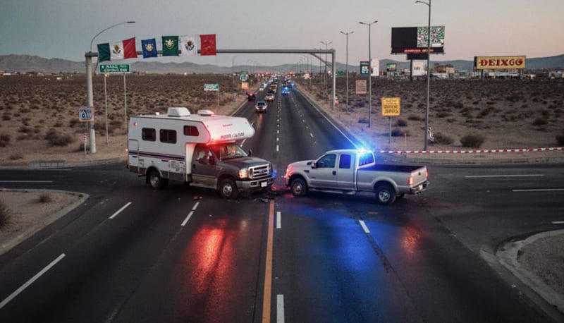 Dos vehículos dañados en la escena del accidente sobre el Libramiento con luces de emergencia reflectando en el pavimento