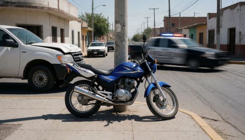 Motocicleta azul dañada en la calle tras el impacto con un camión blanco